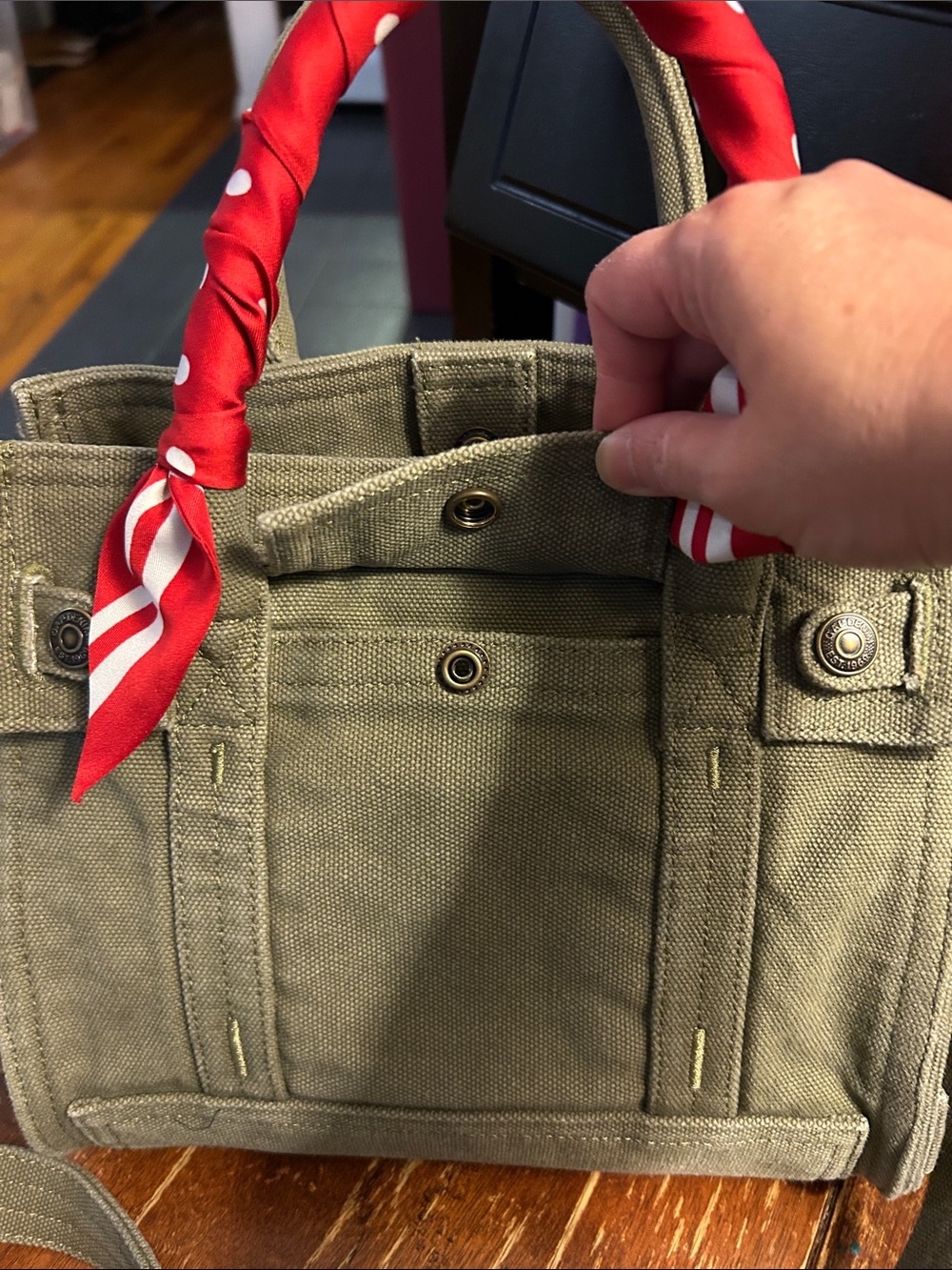 Gap Bag Small Olive Canvas Tote with Red Scarf-Wrapped Handles - Picture 6 of 10